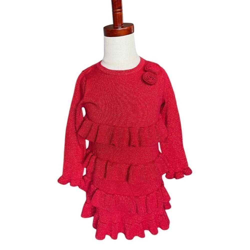 Toddler Girls Copper Key Red Metallic Red Shimmer Tiered Long Sleeve Dress - 3T